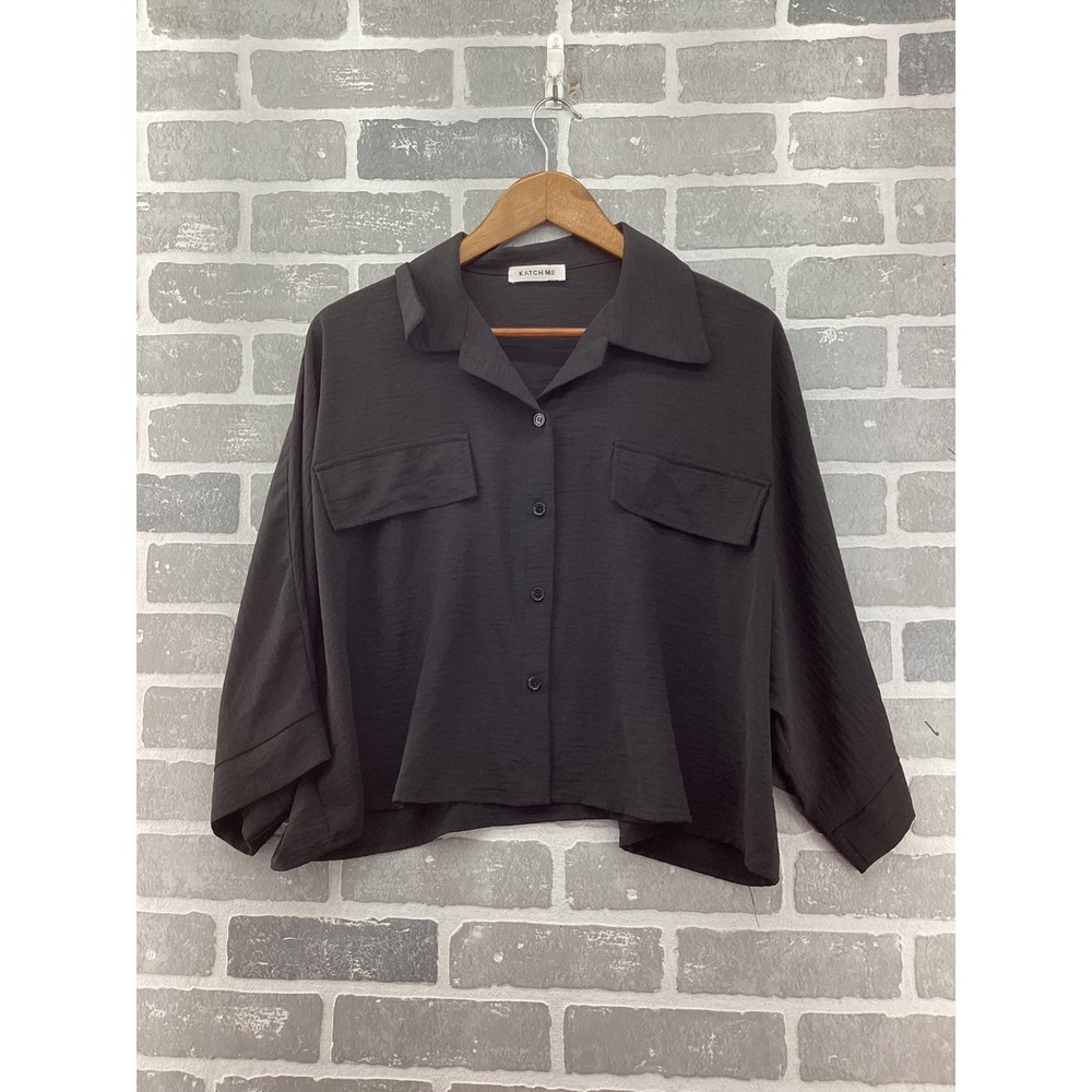 Katch Me Womens Black Cropped Button Down Shirt Boxy Oversized Utility Pockets M